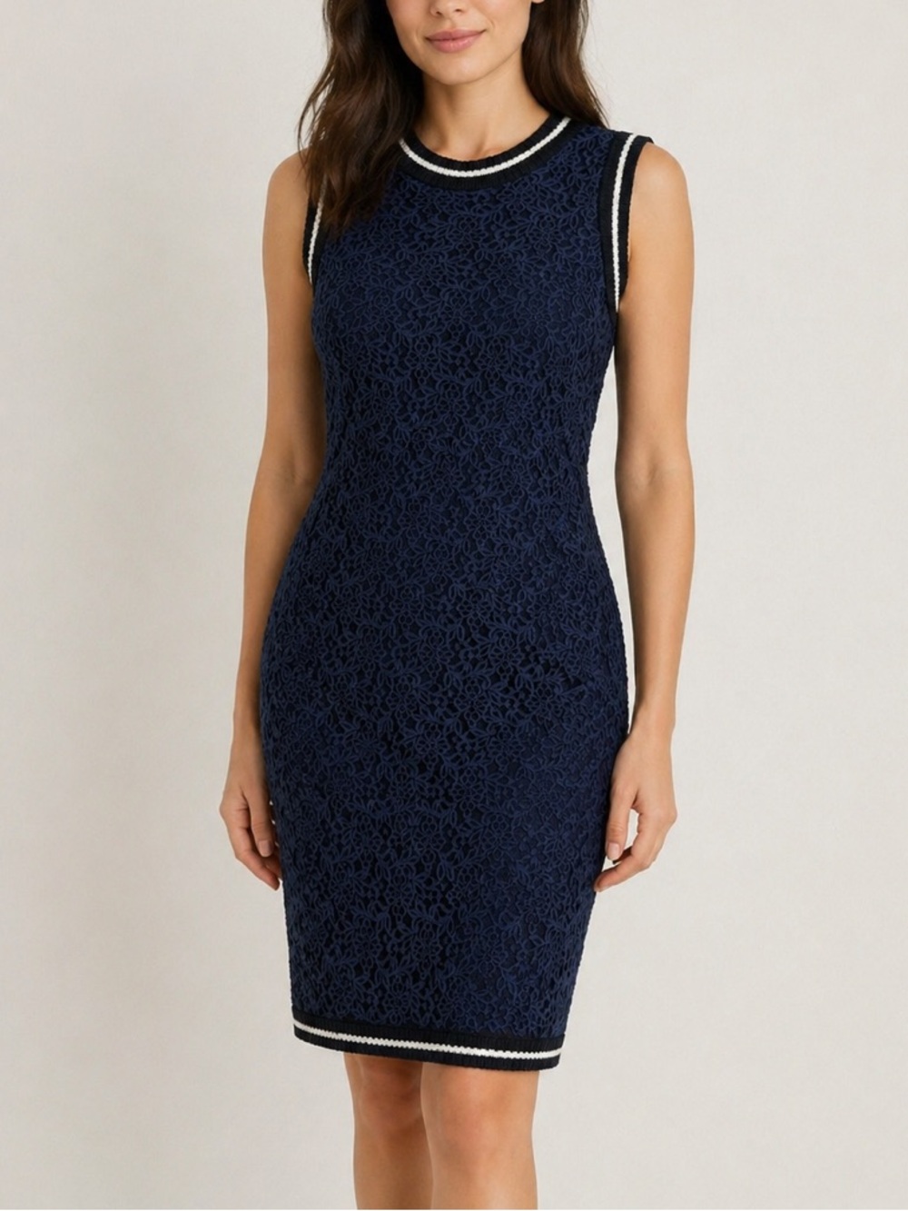 Vakko Navy Lace Sheath Dress Sleeveless Sport Trim Back Zip Size 2